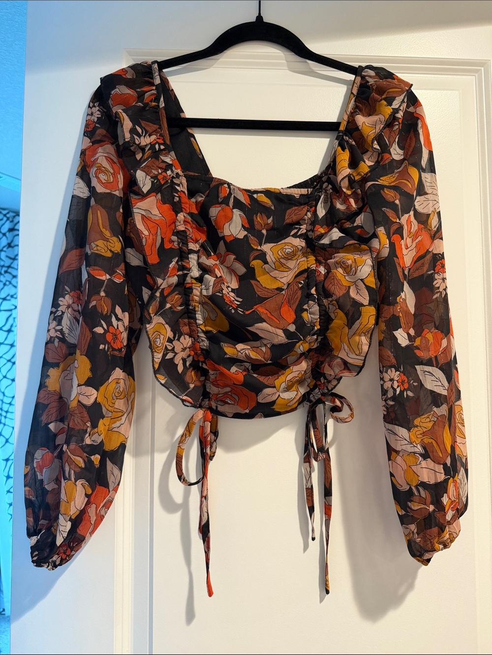 Women's Floral Ruched Long-Sleeve Crop Top - Rust Multi - Picture 3 of 4